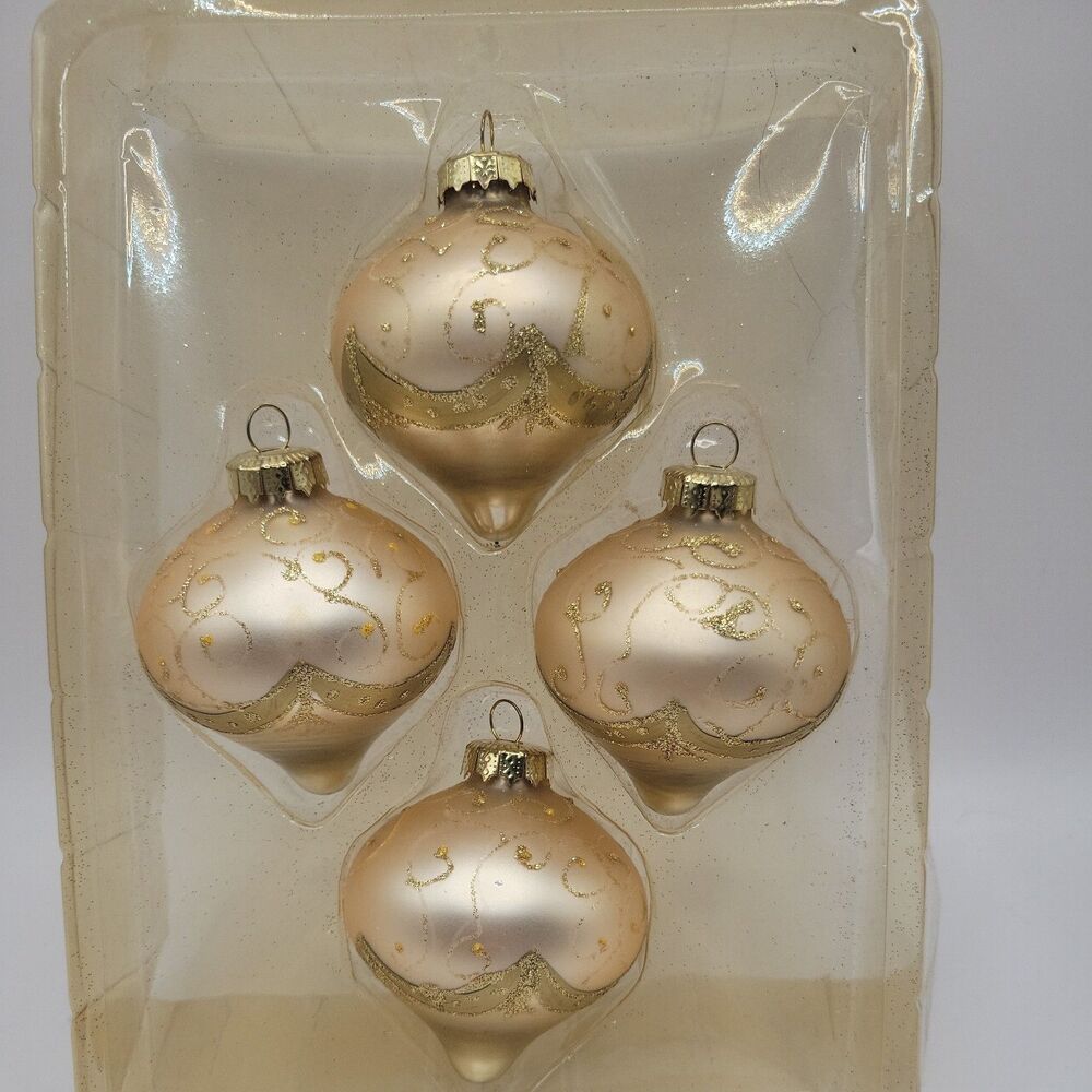 4 Vintage Blown Glass Gold Glitter Accents Teardrop Christmas Ornaments 4"